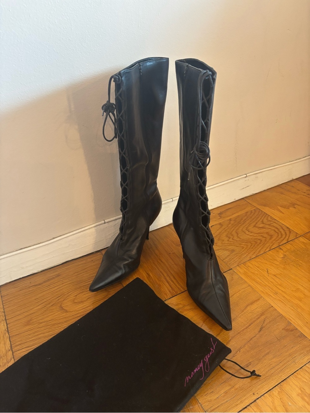 Pointed-Toe Black Over-the-Knee Lace-Up Boots